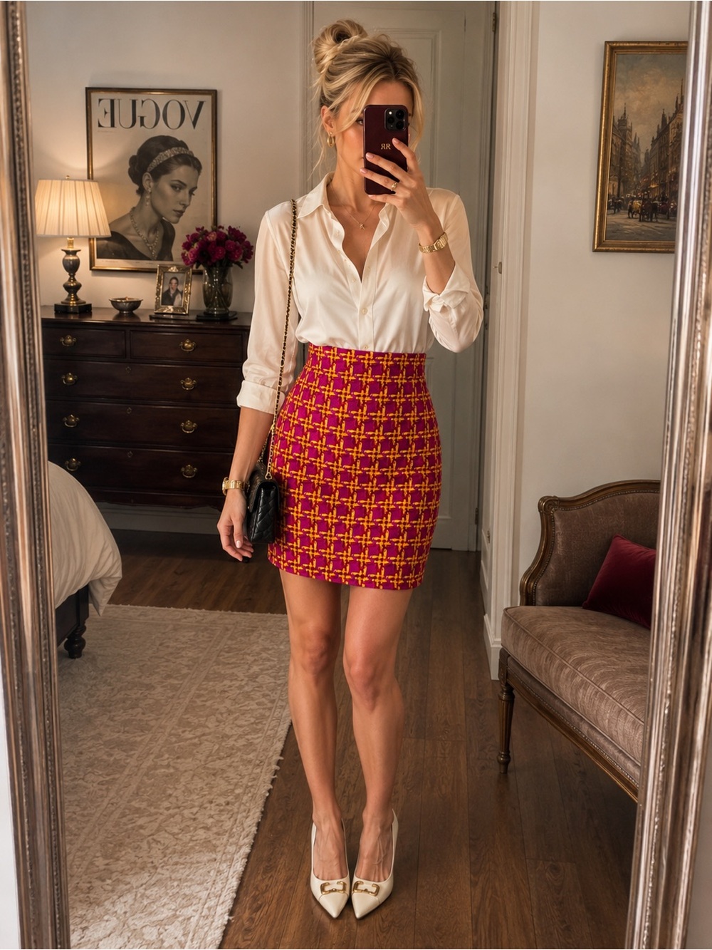 Vintage 1980 ESCADA Margaretha Ley Chenille Plaid Wool Pencil Mini Skirt Germany